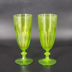 Set of 2 Lime Green Glass Goblets Flutes Paneled Stemmed Barware READ