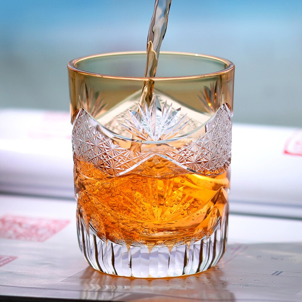 Hand Cut Orange Crystal Glass Whiskey Glass Tumbler Edo Kiriko Drinkware 280ml