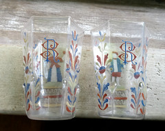 MATCHING PAIR OF 6 SIDED SALVIATI VENETIAN GLASS TUMBLERS ENAMEL DECORATED 1890s
