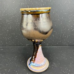 Signed Studio Pottery Heavy Drip Glaze Chalice Goblet Bronze Brown Cup 7.5inch