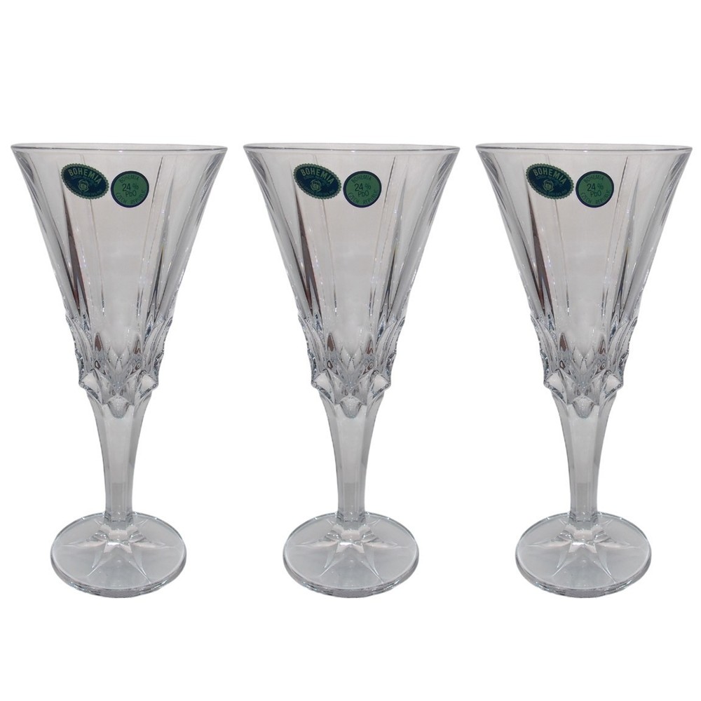 Bohemia Crystal Wine Glasses Deep Cut Thick Heavy Trumpet Stemware Set of 3