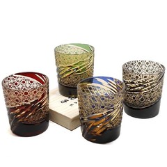 Luxury Edo Kiriko Hand Cut Crystal Whiskey Glass Black Amber Carved Tumbler 9oz