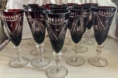 Set of 12 Bohemian Crystal Ruby Red Cut to Clear Wine Stemware Goblets 7-inch