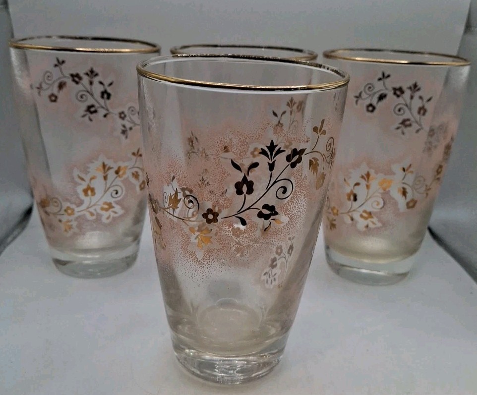 Libbey Cooler Tumbler Pink/Gold Flowers Gold Trim 5 1/4″ Set of 4