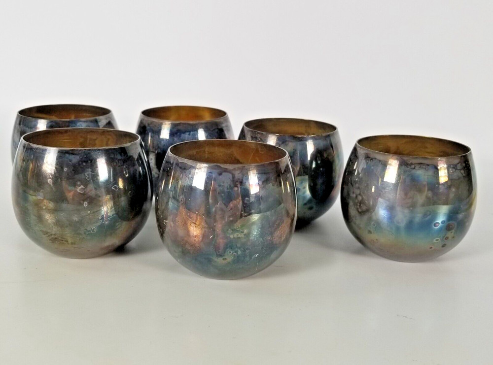 VINTAGE MCM Silver Mirror Plated Barware Tumbler Punch Cups 6pc