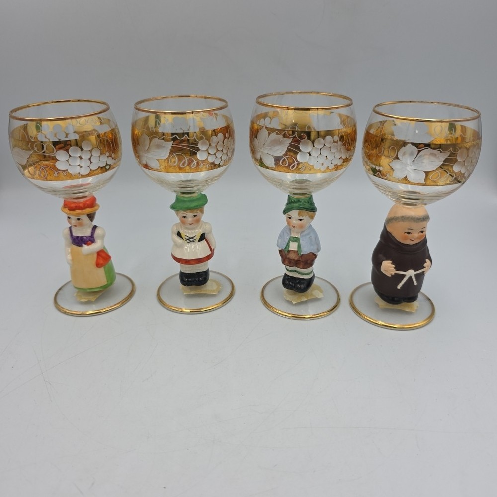 Vintage Goebel Hummel Figurine Stem 4 Wine Glasses, 14K Gold Trim, Germany