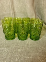 VTG Set 11 Olive Green Pressed Glass Tumblers 4″ Floral Scroll Rocks Juice Glass
