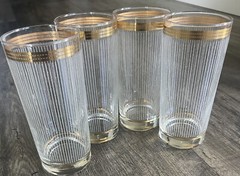 Culver BARWARE Tumbler Drinking Glasses Clear Gold Rim Top Bottom Ribbed Set 4
