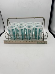 Hazel Atlas Fleur De Lis Turquoise Blue Tumbler Set, 1950s With Carrier