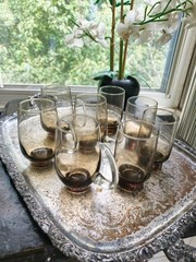 Vintage Smoke Glass Barware Set of 8 Hand Blown Weighted Base Mugs & Tumblers