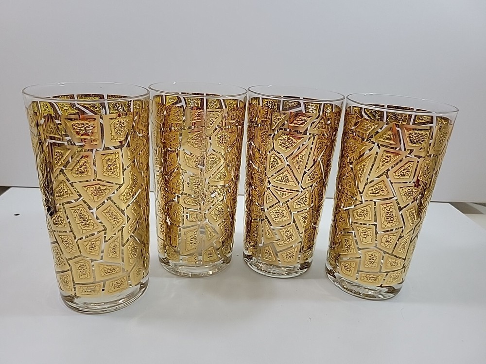 Set of 4 West Virginia Glass Co 22K Gold Gild Mosaic Highball Glasses Barware