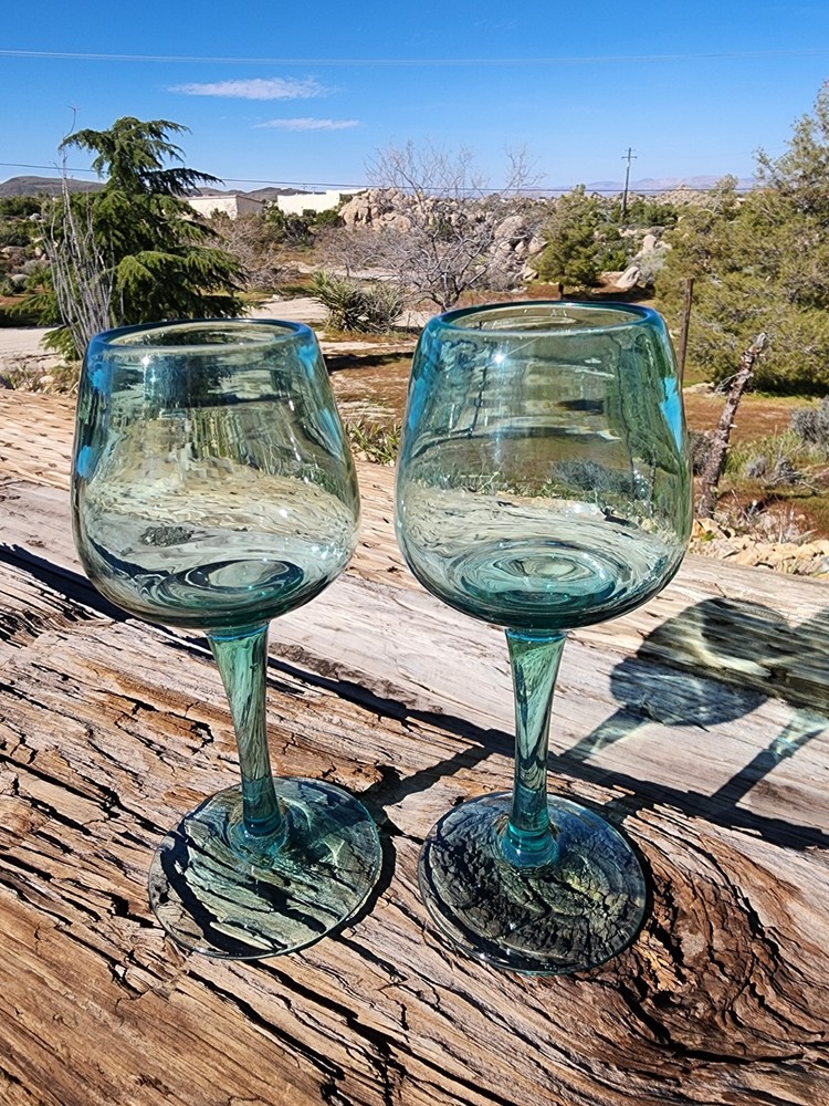 Hand Blown Teal Green Wine Glass Goblets Set of 2 9.5″ Tall Pontil Heavy Artisan