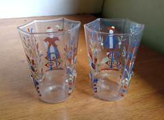 MATCHING PAIR OF 6 SIDED SALVIATI VENETIAN GLASS TUMBLERS ENAMEL DECORATED 1890s
