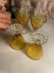 Mixed Set Of 4 VTG Amber Boopie Cocktail/Juice Glasses with Clear Hobnail Base