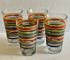 Vintage Libbey Mambo Fiesta Stripe Tumblers Multi Colored Bands 16 oz Set Of 4