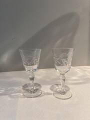 Set of Two Tiny Stemmed Wine Glasses Etched with Flowers. 4 Inches Tall Vintage