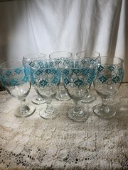 Vintage Libbey Footed Glasses Goblets Water Wine Clear Teal Flowers 7” Set Of 7