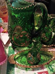 emerald Green Gold Pressed Glass Drinkware Set Pitcher Glasses Bowls Tray