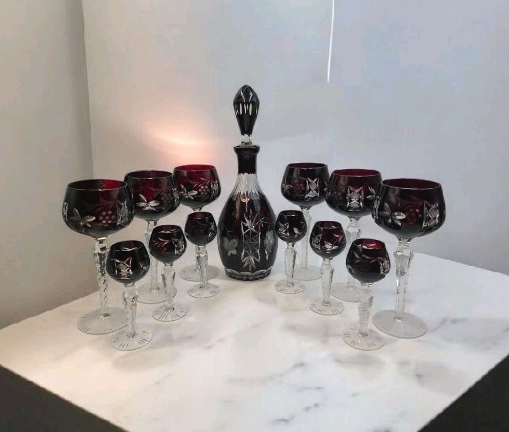 VTG Ruby Cut To Clear Crystal Decanter Wine Cordial Glass Set Bohemian Style MCM
