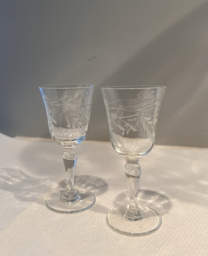 Set of Two Tiny Stemmed Wine Glasses Etched with Flowers. 4 Inches Tall Vintage