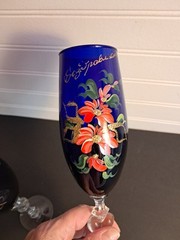 Set of 2 Russian Champagne Flutes Cobalt Blue Glass Clear Stem Heart 9″ Painted