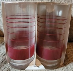 Vintage Set of 4 Libbey Red Clear Striped Glasses 16 Oz Cooler Drinking NEW MCM