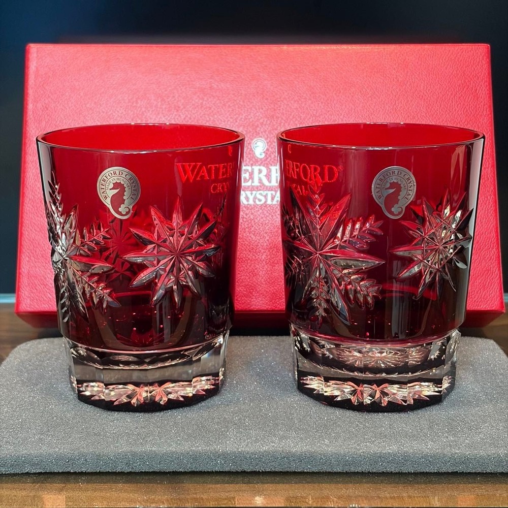 Waterford Glass Tumbler set of 2 Snowflake Snow Crystals Motif Ruby Red