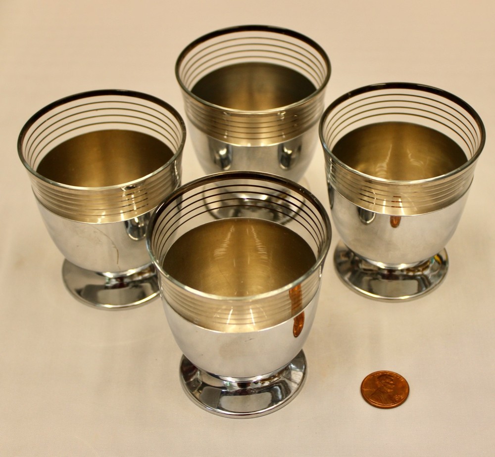 05/16 Set of 4 Chase Silver Band Art Deco Glass Glasses w/Metal Cups, Cork Base