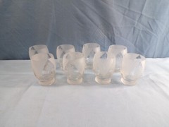 Set of 8 Clear & Clear Frosted Glass Shot Glasses w/ Etched Floral Design