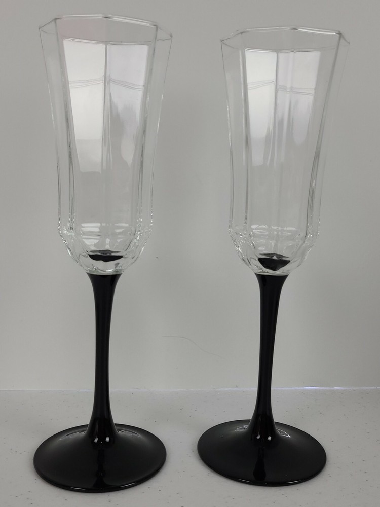 2 Vintage Luminarc Octime Crystal Black Stem Champagne Flutes Wine Glass France