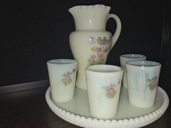 6 PC Fenton custard floral hand painted signed Uranium Lemonade set w/ Box