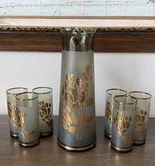 VTG Bohemian Kamenicky Senov Gray Gold Frosted MCM Set Pitcher 12” & 6 Glasses