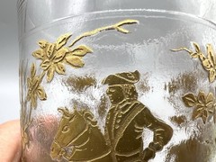 Antique Fine Crystal Whiskey Glass Hunting Scene Gold over Raised Figures 4.5”
