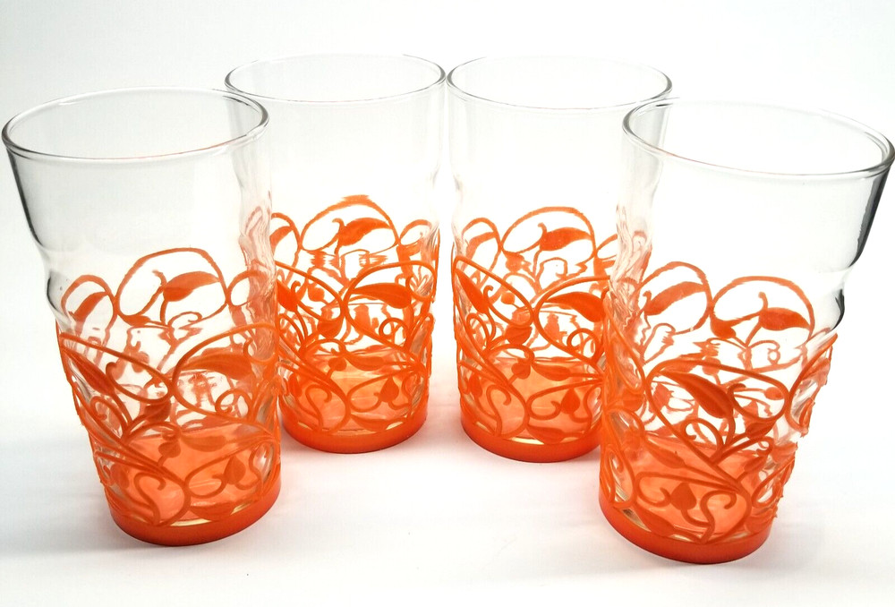 4 VTG 14 Oz Clear Drinking Glass Tumblers Orange Floral Pastel Holders Hong Kong