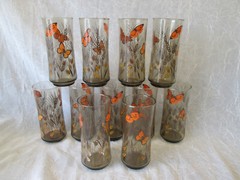 Set 11 Libbey Smoke Brown RETRO BUTTERFLIES 6.5″ tall Glasses Tumblers Butterfly