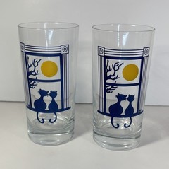 Vtg Cera Kitty Cats Serenade Pair of High Ball Cocktail Bar Glasses Moon