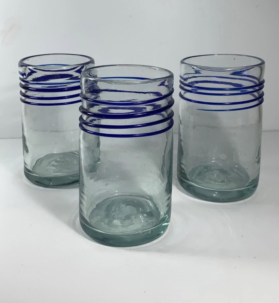 Set of 3 Vintage Hand Blown Glass Tumblers with Applied Blue Rigaree Bands