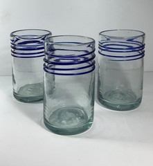 Set of 3 Vintage Hand Blown Glass Tumblers with Applied Blue Rigaree Bands
