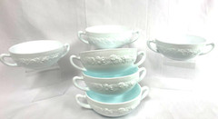 Set of 6 VTG Vitrock Milk Glass Floral Cream Soup 2 Handle Bowls Anchor Hocking