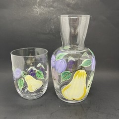Hand Painted Tumble Up Glass Bedside Carafe & Glass Set Pears, Plum & Grapes