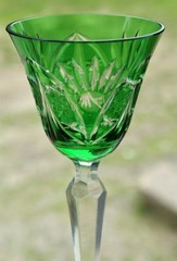Vtg BOHEMIAN Wine Glass GREEN Cut To Clear BOHEMIAN Notched Stem