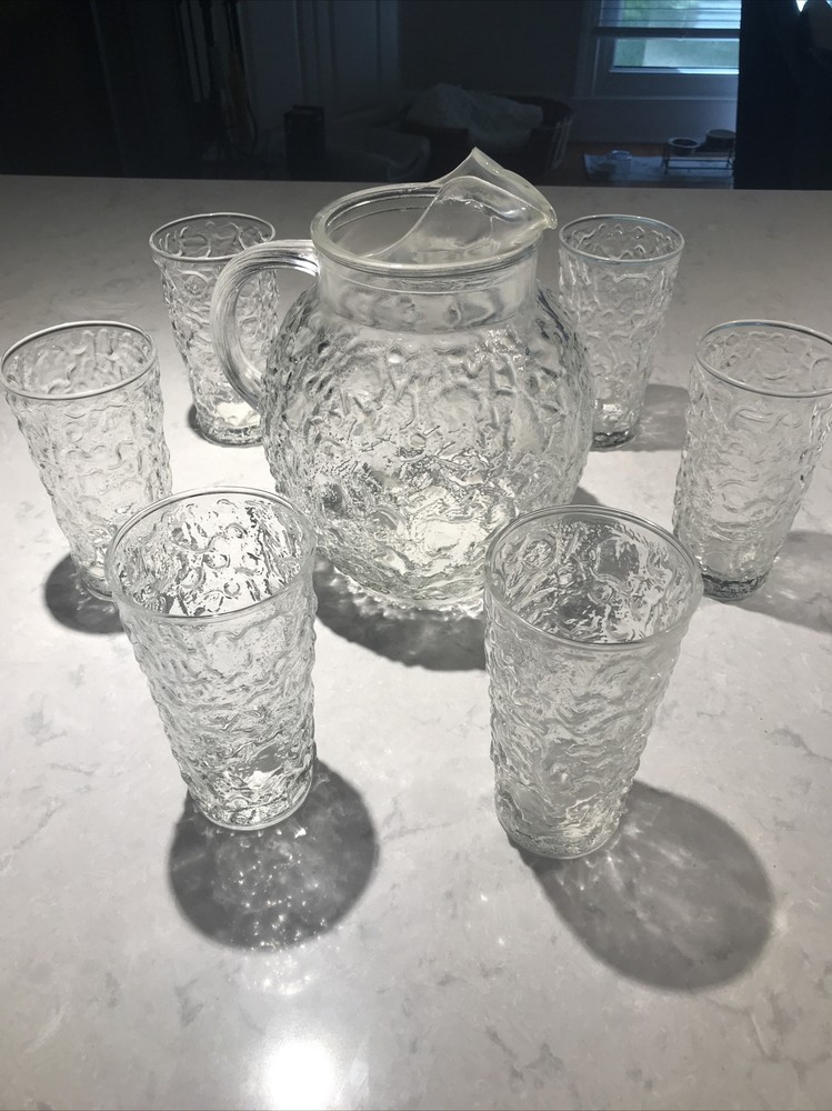 Vintage Anchor Hocking Milano Clear Glass Pitcher & 6 Tumbler Glasses MCM