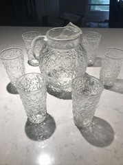 Vintage Anchor Hocking Milano Clear Glass Pitcher & 6 Tumbler Glasses MCM