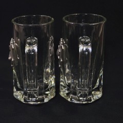 Libbey Clear Glass 2 Mugs Golf Theme Pewter Medallion 12 Ounces 5 7/8″ Tall HTF