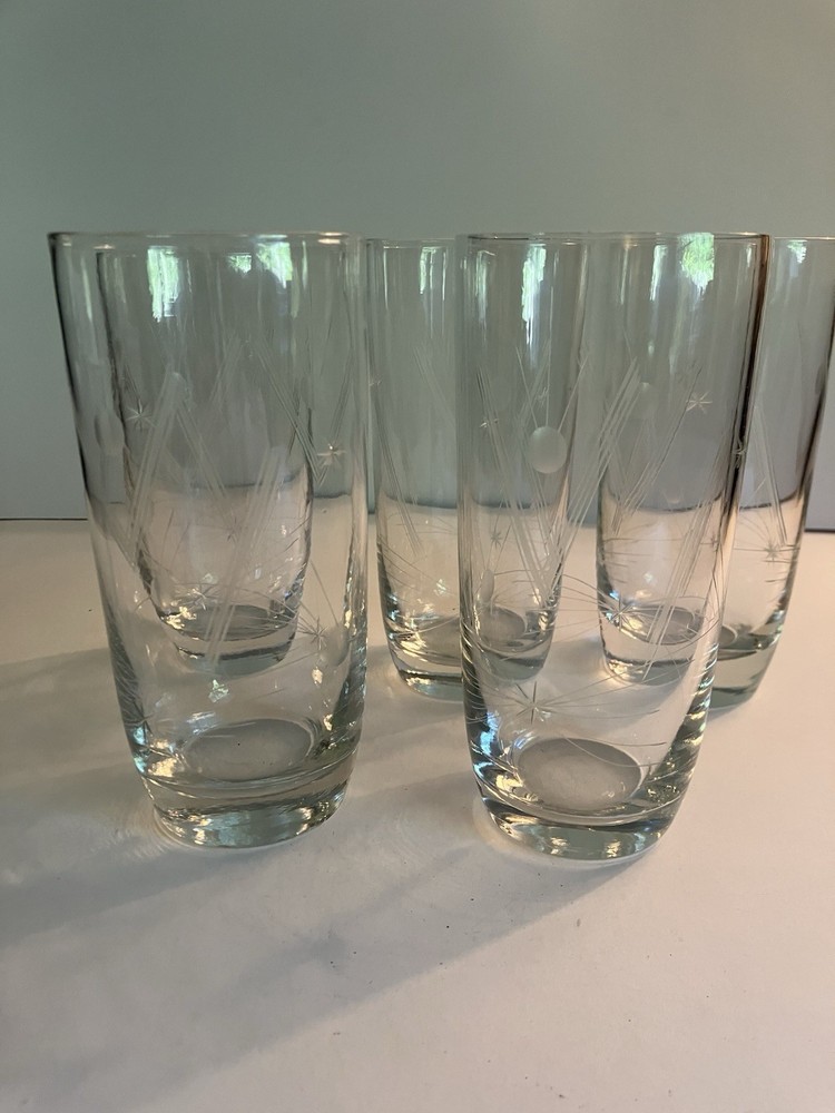 Vintage Atomic Style Starburst Sunburst Highball Glasses SET OF 5 Etched 14 Oz