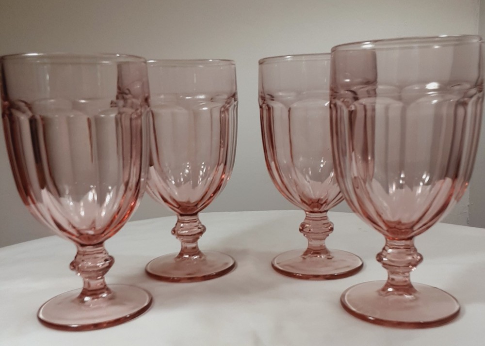 Vintage Set 4 Libbey Duratuff Rose Pink Glass Footed Goblet Water Wine