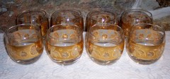 8 Vintage Cera MCM 22K Gold Roly Poly Low Ball Rocks Glasses Leaf Pattern Signed