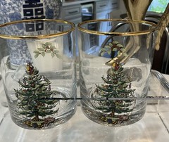 Set-2 Spode Christmas Tree Double Old Fashioned Rocks Glasses Gold Rim PRISTINE