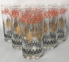 Set of 6 Atomic Starburst Orange Black Gold Accent Highball Tea Water Glasses