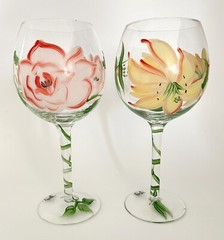 Set of 2 Hand Painted Floral Wine Glasses Pink Flower & Yellow Lily Art Glass